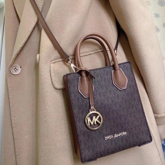 MICHAEL KORS MERCER XS NS SHOPPER CROSSBODY SATCHEL BAG SIGNATURE LOGO MK BROWN - Picture 8 of 8